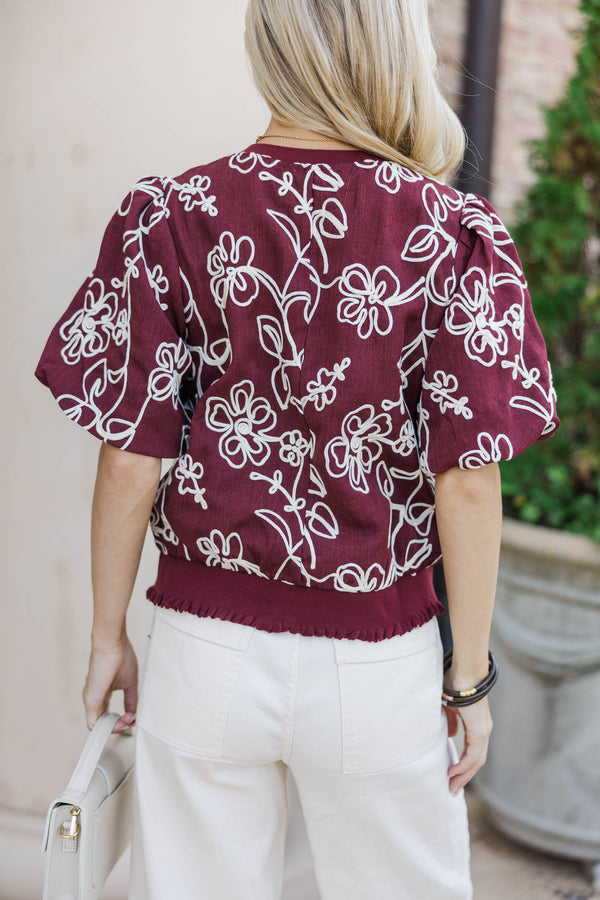 Spending Time Together Burgundy Floral Blouse