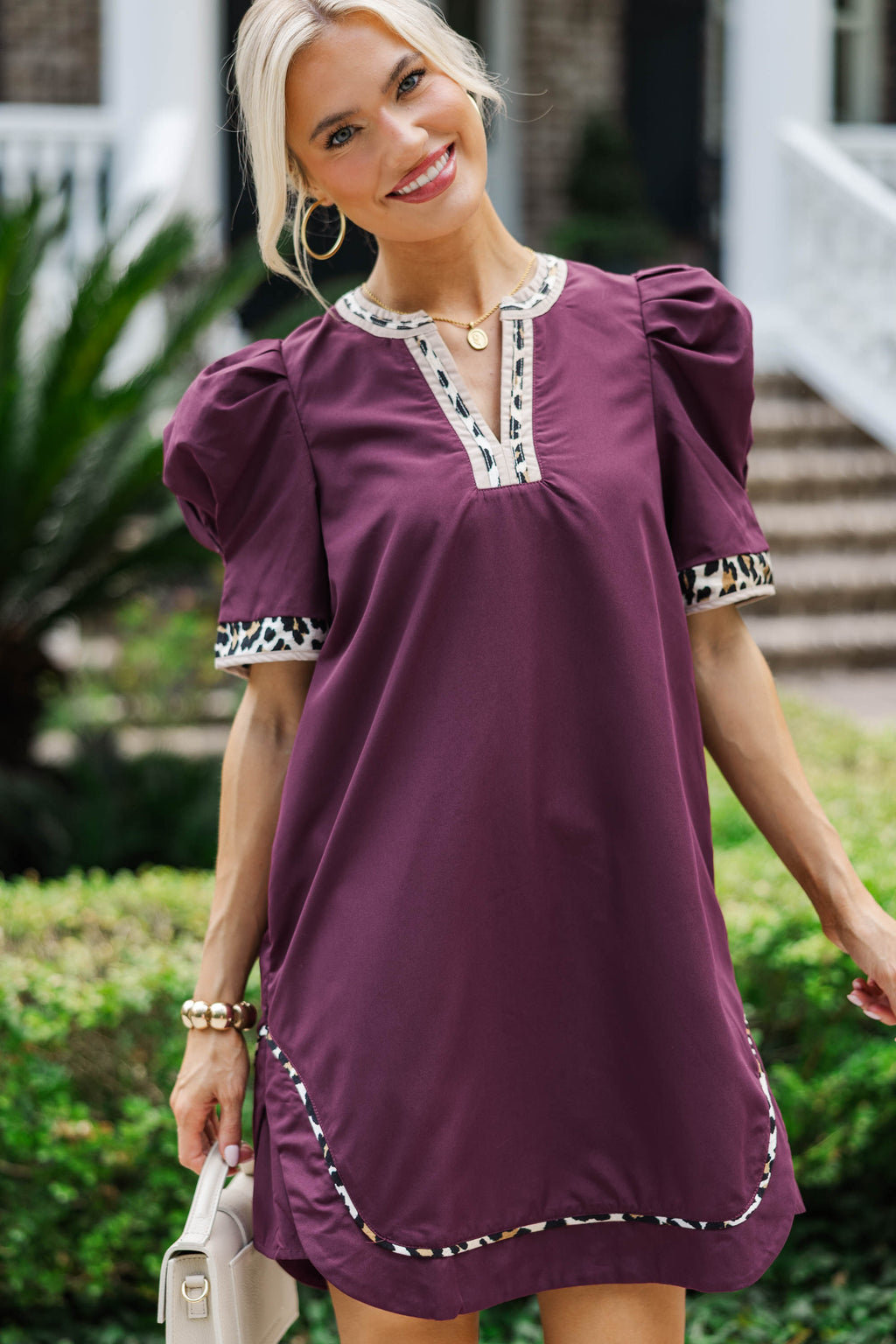 purple dress with puff sleeves Pretty Paradise Plum Dress, Small - The Mint Julep Boutique 96% polyester 4% elastane Long-Sleeve Slim Sweater Maxi Swatch:#c4c0bf Color:GARDEN SCARF BLUE