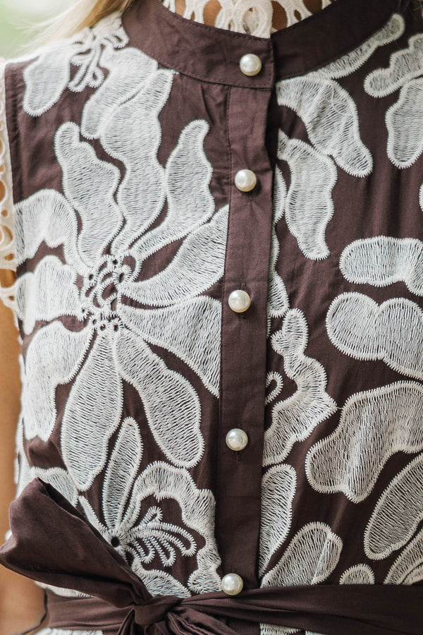 Endless Possibilities Brown Embroidered Dress