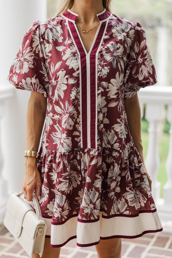 Here She Comes Burgundy Floral Dress