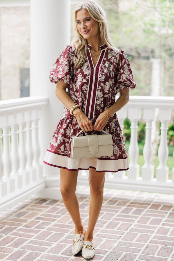 Here She Comes Burgundy Floral Dress