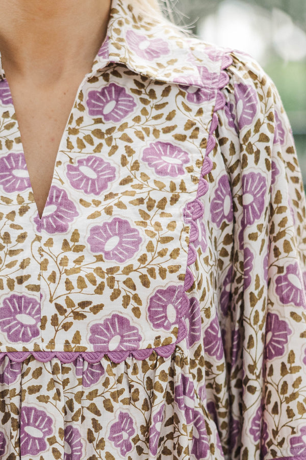 Wander More Purple Ditsy Floral Blouse