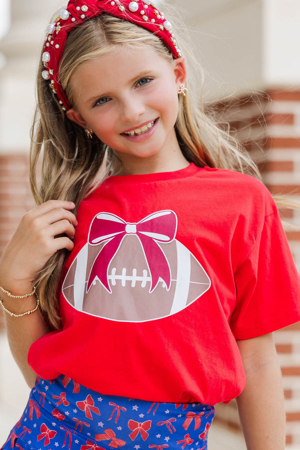 Girls: Football Bow Red Graphic Tee