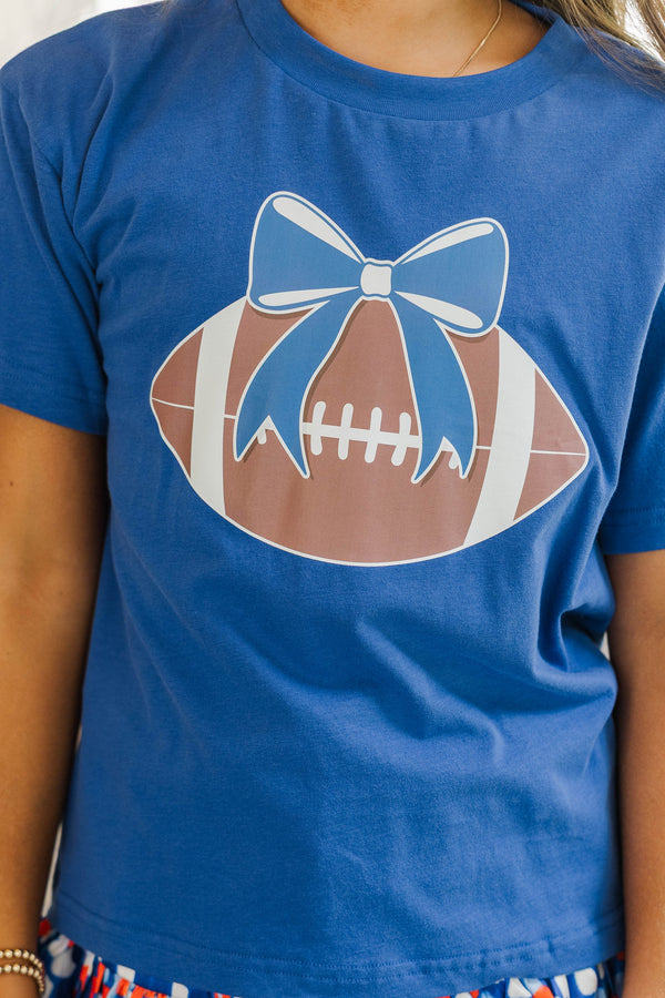 Girls: Football Bow Royal Blue Graphic Tee