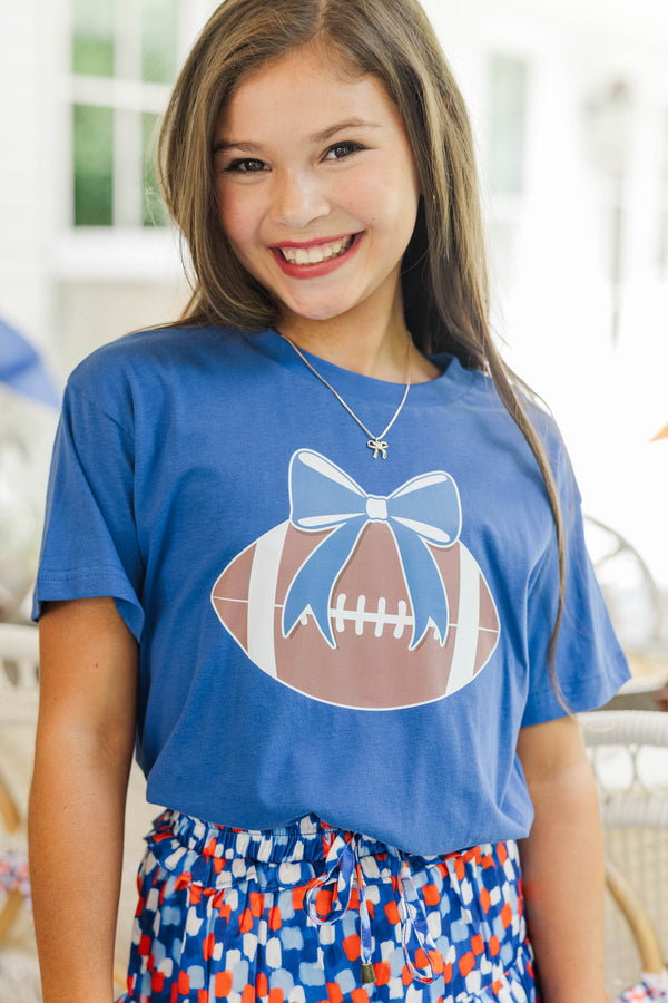 Girls: Football Bow Royal Blue Graphic Tee