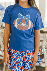 Girls: Football Bow Royal Blue Graphic Tee