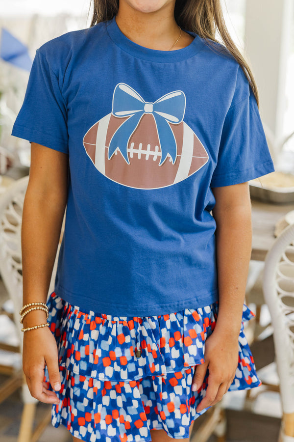 Girls: Football Bow Royal Blue Graphic Tee