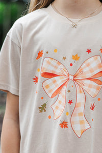 Girls: Gingham Bow Taupe Brown Graphic Tee