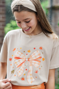 Girls: Gingham Bow Taupe Brown Graphic Tee