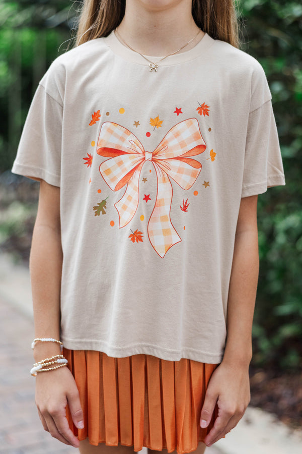 Girls: Gingham Bow Taupe Brown Graphic Tee