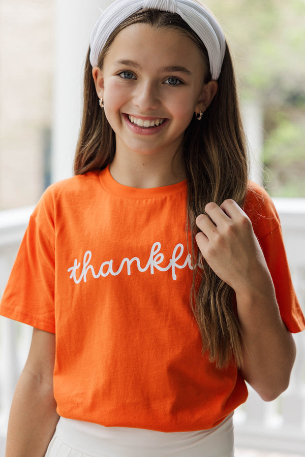 Girls: Thankful Orange Script Graphic Tee