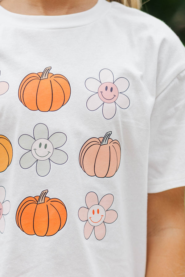 Girls: Pumpkins & Flower Smiley White Graphic Tee