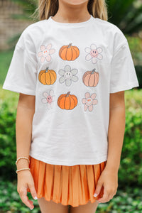 Girls: Pumpkins & Flower Smiley White Graphic Tee