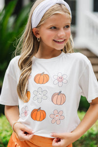 Girls: Pumpkins & Flower Smiley White Graphic Tee