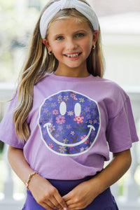 Girls: Smiley Floral Lavender Graphic Tee