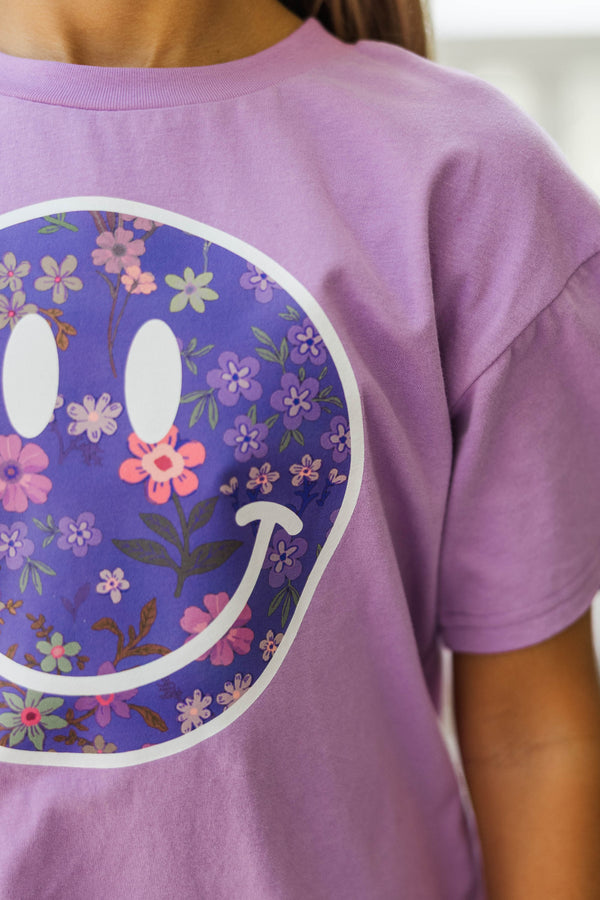 Girls: Smiley Floral Lavender Graphic Tee