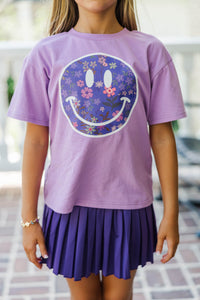 Girls: Smiley Floral Lavender Graphic Tee