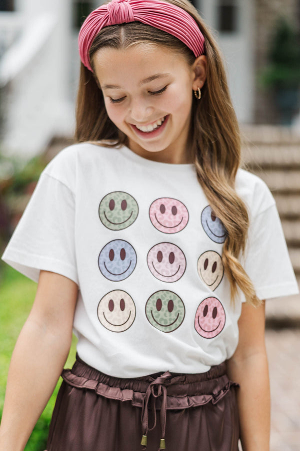 Girls: Good Mood Club Leopard Smiles White Graphic Tee