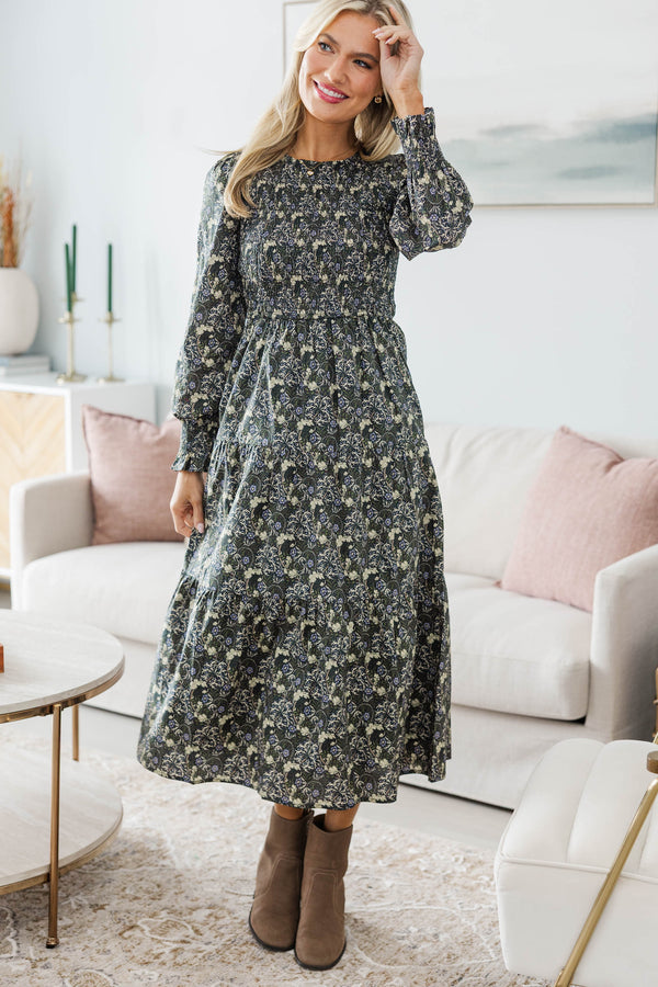 nursing midi dress Smocked Floral Print and a peekaboo open back that brings the style without sacrificing coverage NURSING COLLECTION: Best Day Olive