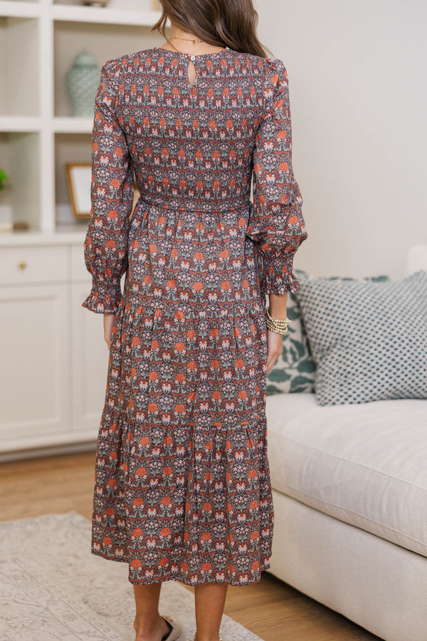 NURSING COLLECTION: Best Day Brown Abstract Midi Dress