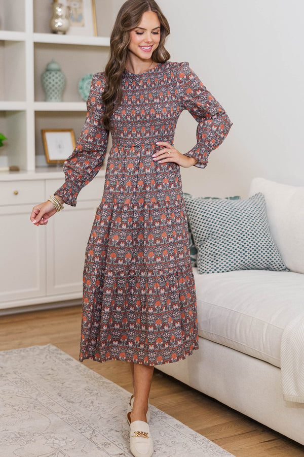 NURSING COLLECTION: Best Day Brown Abstract Midi Dress