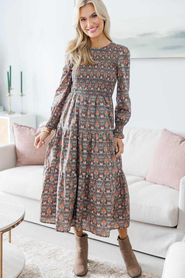 NURSING COLLECTION: Best Day Brown Abstract Midi Dress