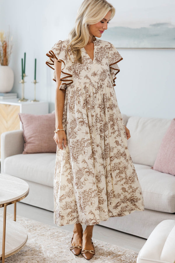 NURSING COLLECTION: Closer Than Ever Brown Toile Midi Dress