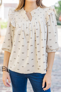 Are You Ready Oatmeal Bow Print Blouse