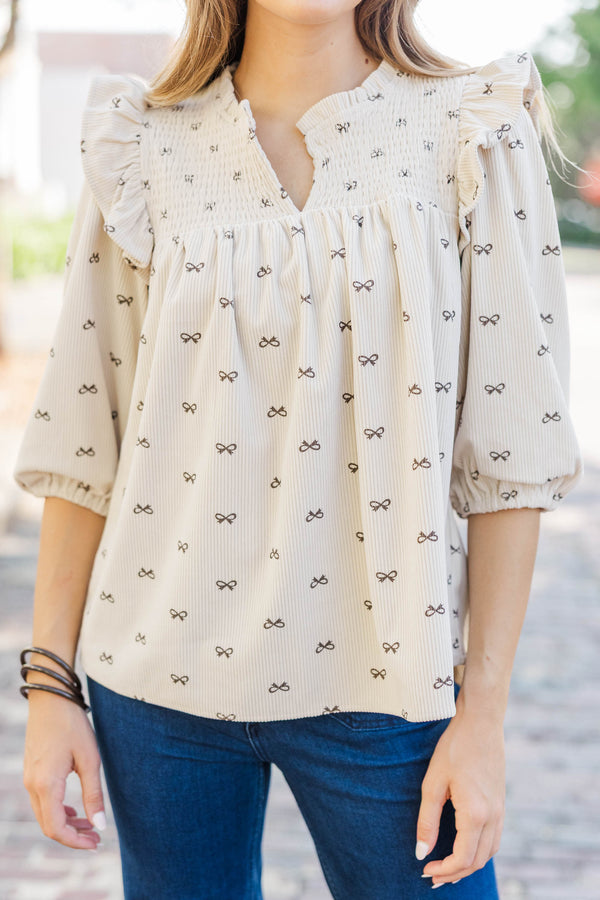 Are You Ready Oatmeal Bow Print Blouse