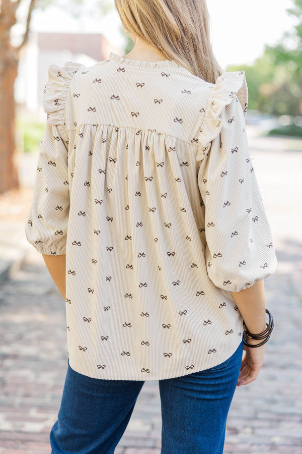 Are You Ready Oatmeal Bow Print Blouse