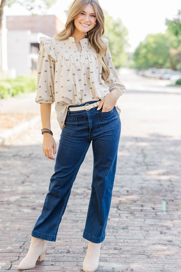 Are You Ready Oatmeal Bow Print Blouse