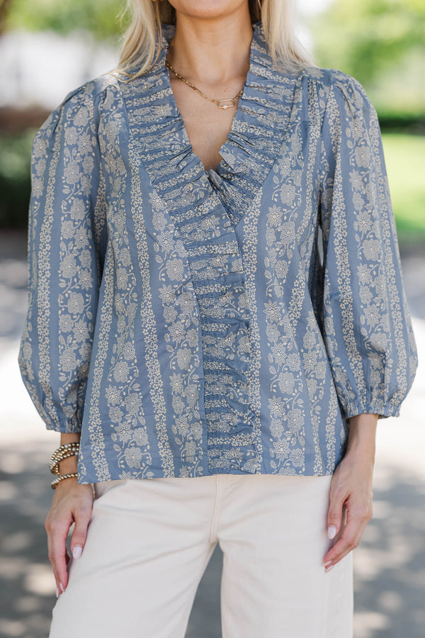 Picked Just For You Dusty Blue Ditsy Floral Blouse