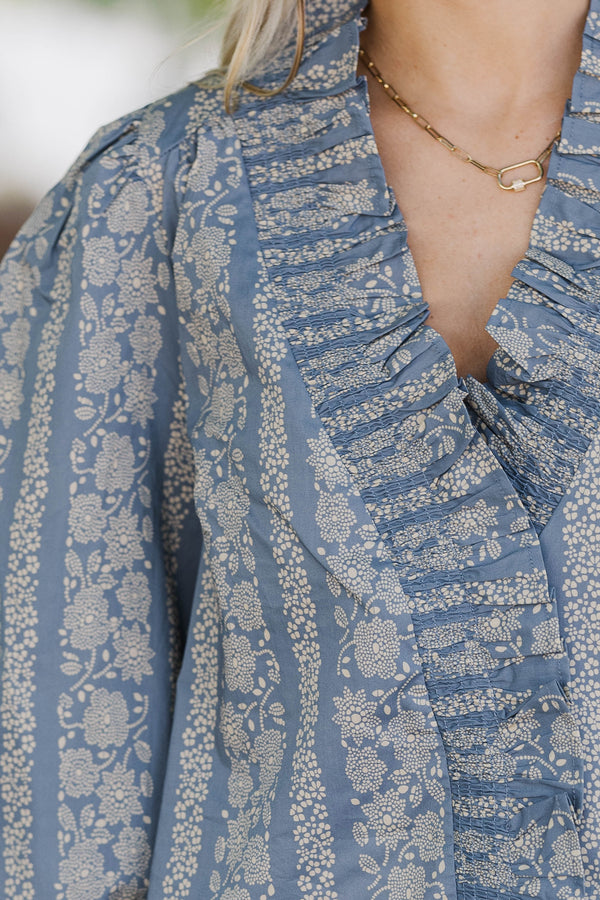 Picked Just For You Dusty Blue Ditsy Floral Blouse