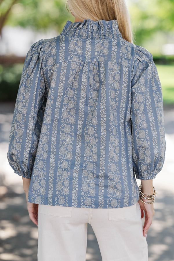 Picked Just For You Dusty Blue Ditsy Floral Blouse