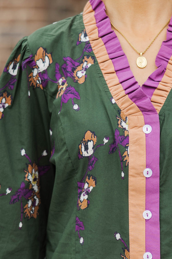 In Her Moment Olive Floral Blouse
