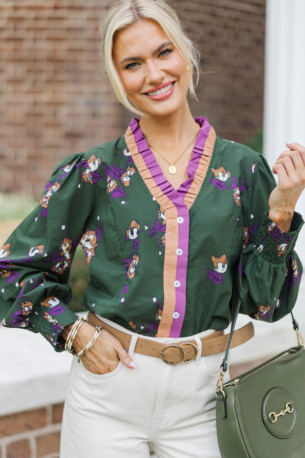 In Her Moment Olive Floral Blouse