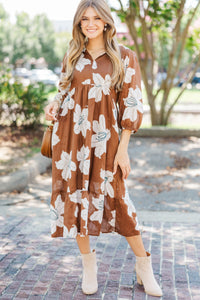 Like A Love Song Brown Floral Midi Dress
