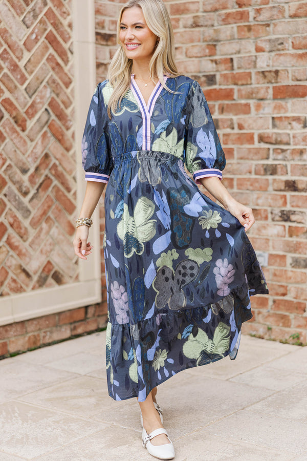 Soft Night Navy Floral Dress