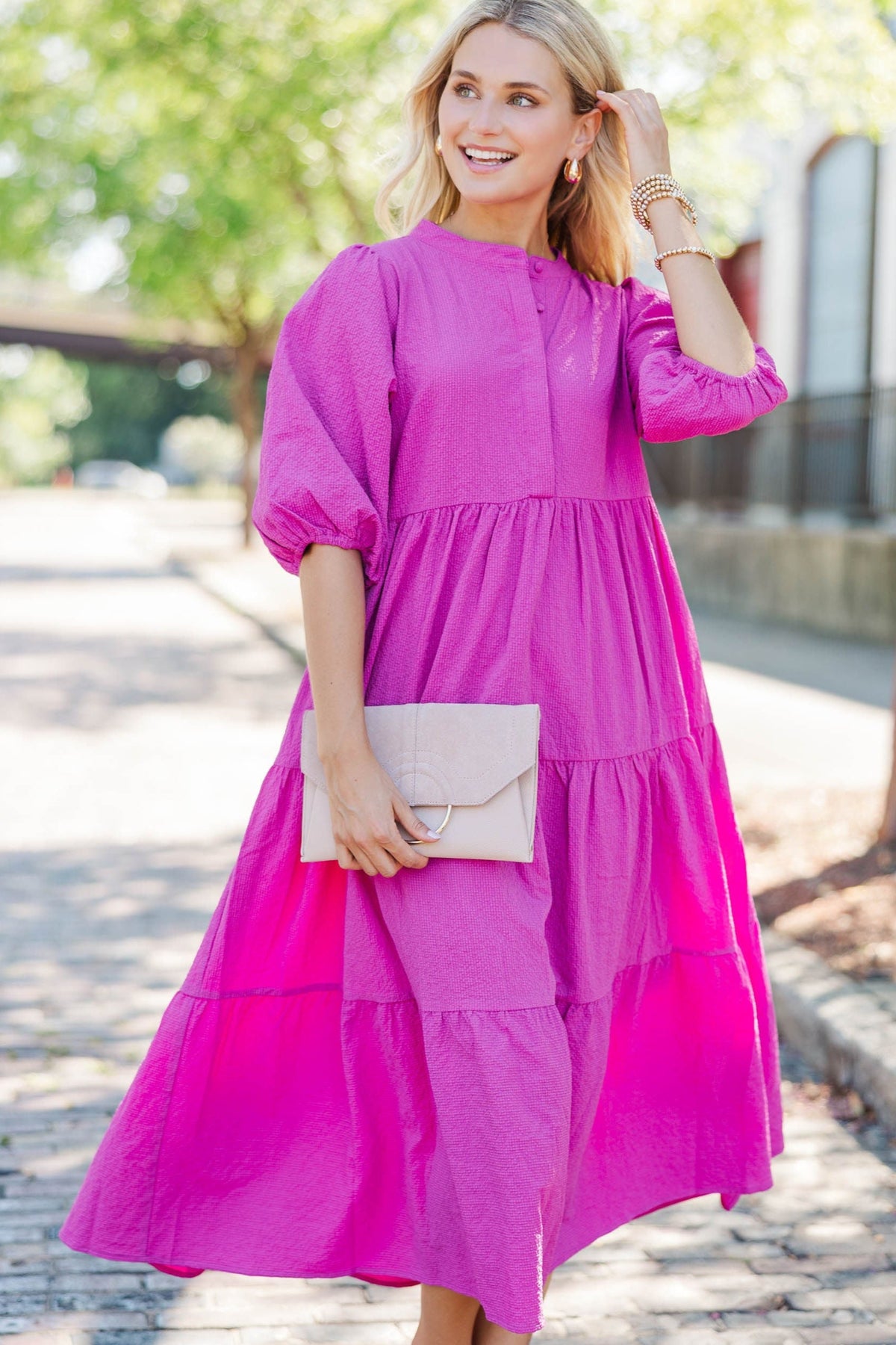 midi dress magenta Power Play Magenta Textured Midi Dress – Shop the Mint