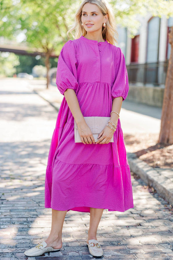 Power Play Magenta Textured Midi Dress