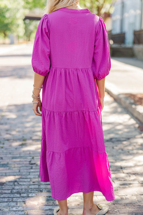 Power Play Magenta Textured Midi Dress