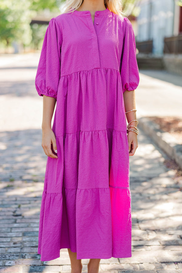 Power Play Magenta Textured Midi Dress