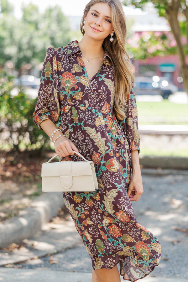 brown floral midi dress Dancing Through The Garden Brown Floral Midi Dress – Shop the Mint