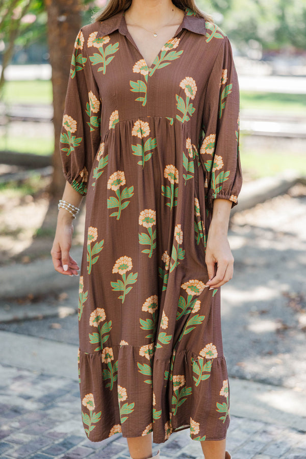 A Forever Favorite Brown Floral Midi Dress