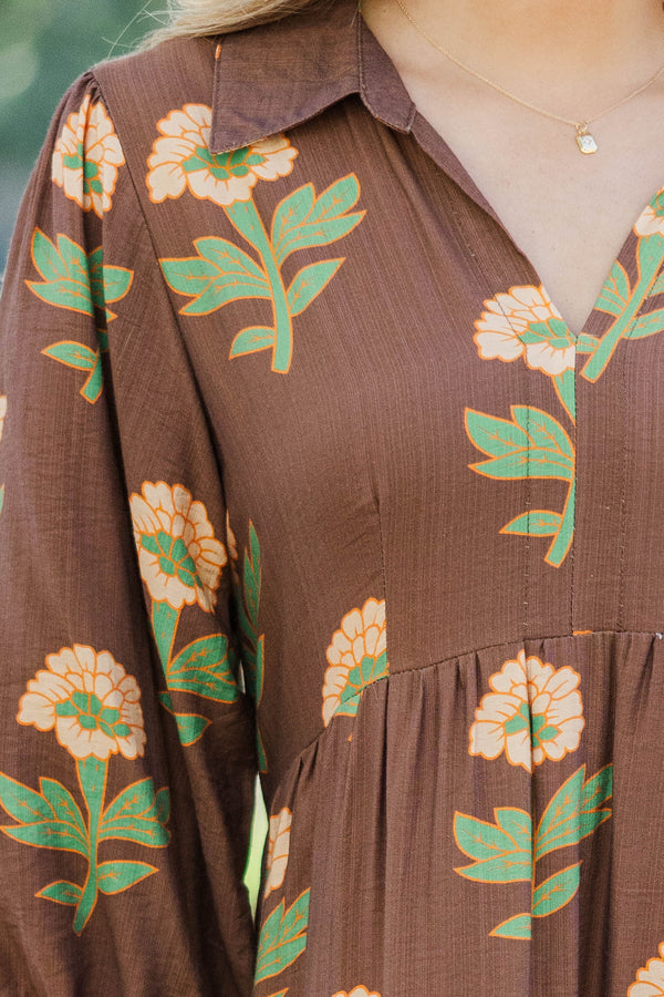 A Forever Favorite Brown Floral Midi Dress