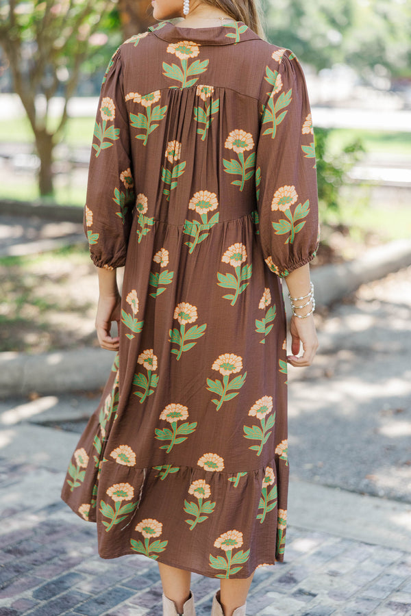 A Forever Favorite Brown Floral Midi Dress