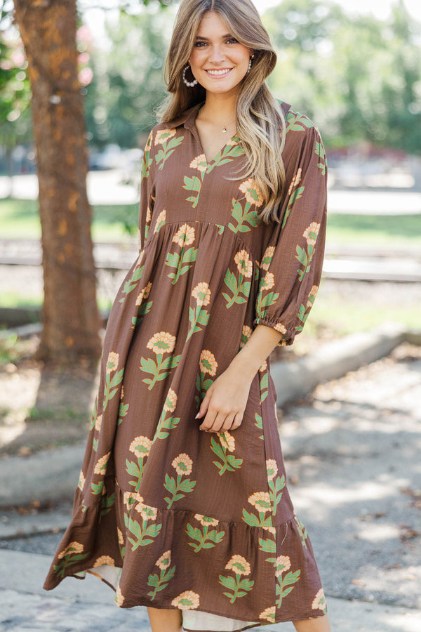 A Forever Favorite Brown Floral Midi Dress