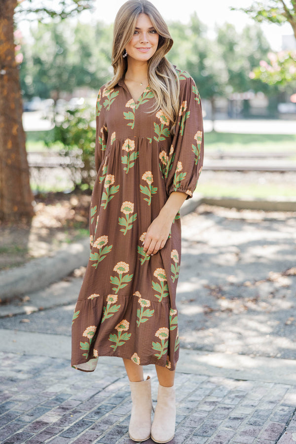 A Forever Favorite Brown Floral Midi Dress