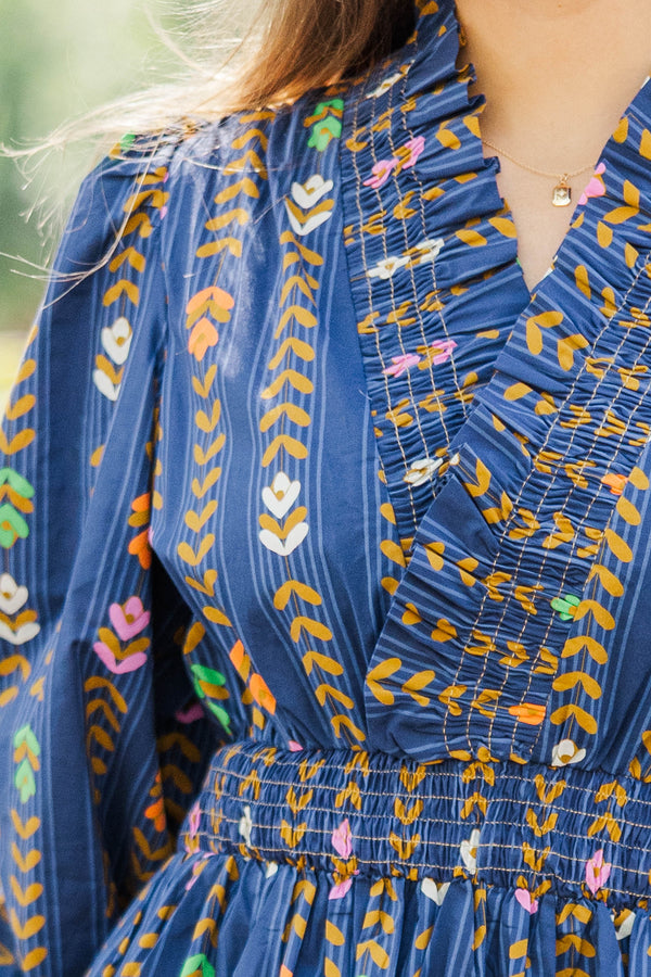 Petals In The Wind Navy Floral Striped Midi Dress