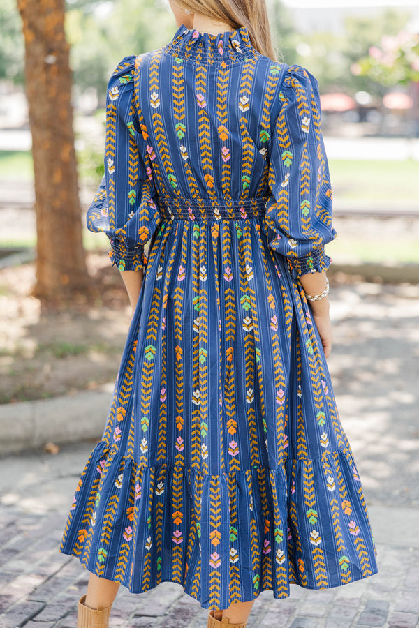 Petals In The Wind Navy Floral Striped Midi Dress